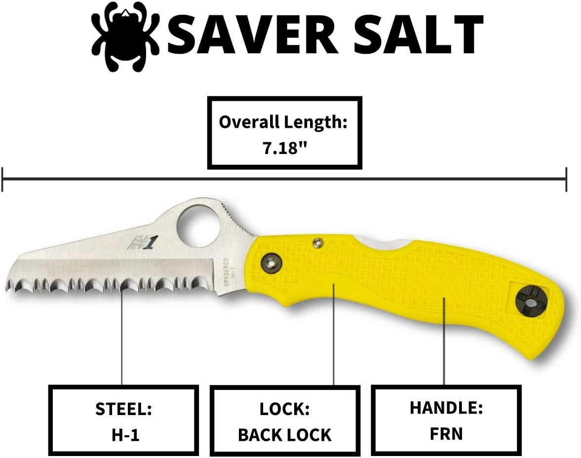 Spyderco Saver Salt Knife with 3.09" H-1 Corrosion-Resistant Stainless Steel Blade and Lightweight Yellow FRN Handle