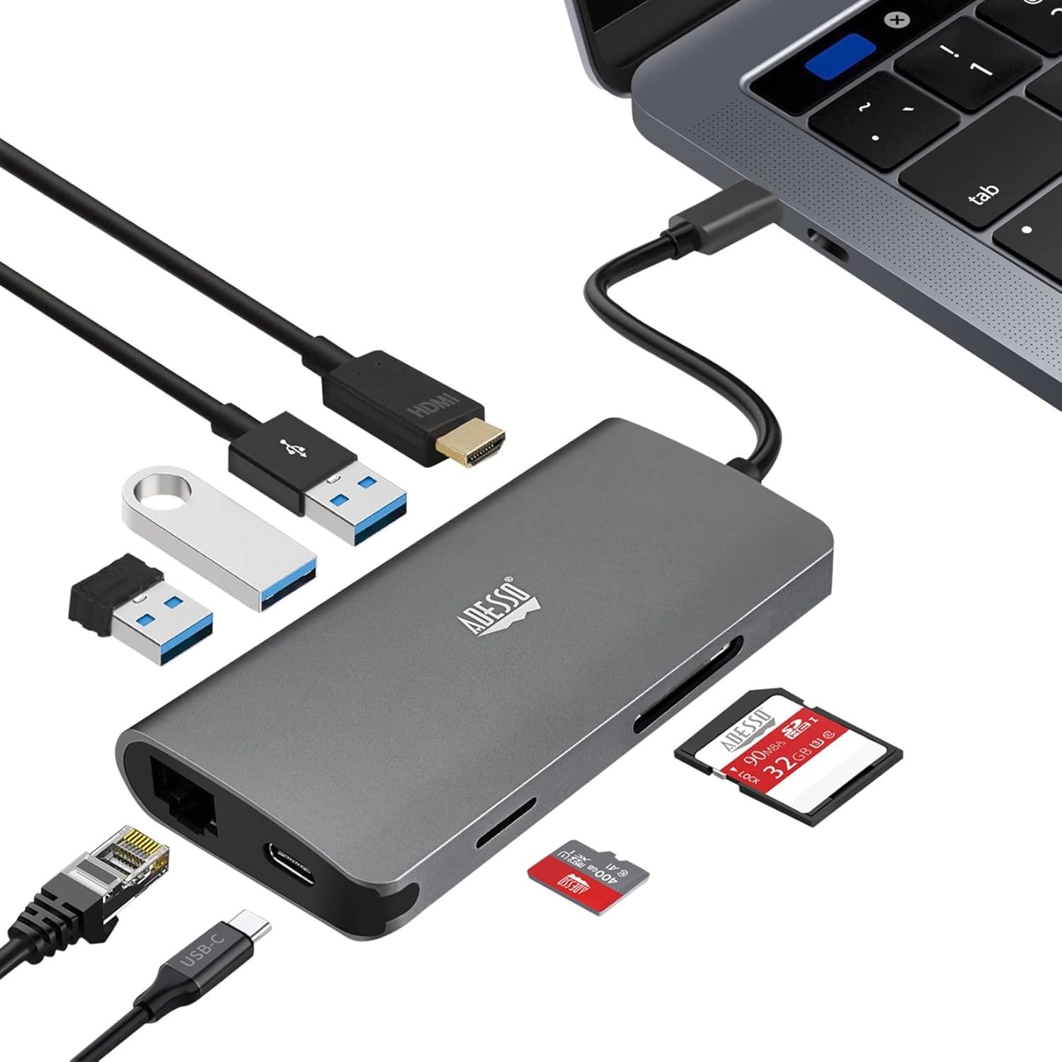 Adesso AUH-4030 8-in-1 USB-C Multiport Docking Station - HDMI 4K, RJ45, PD