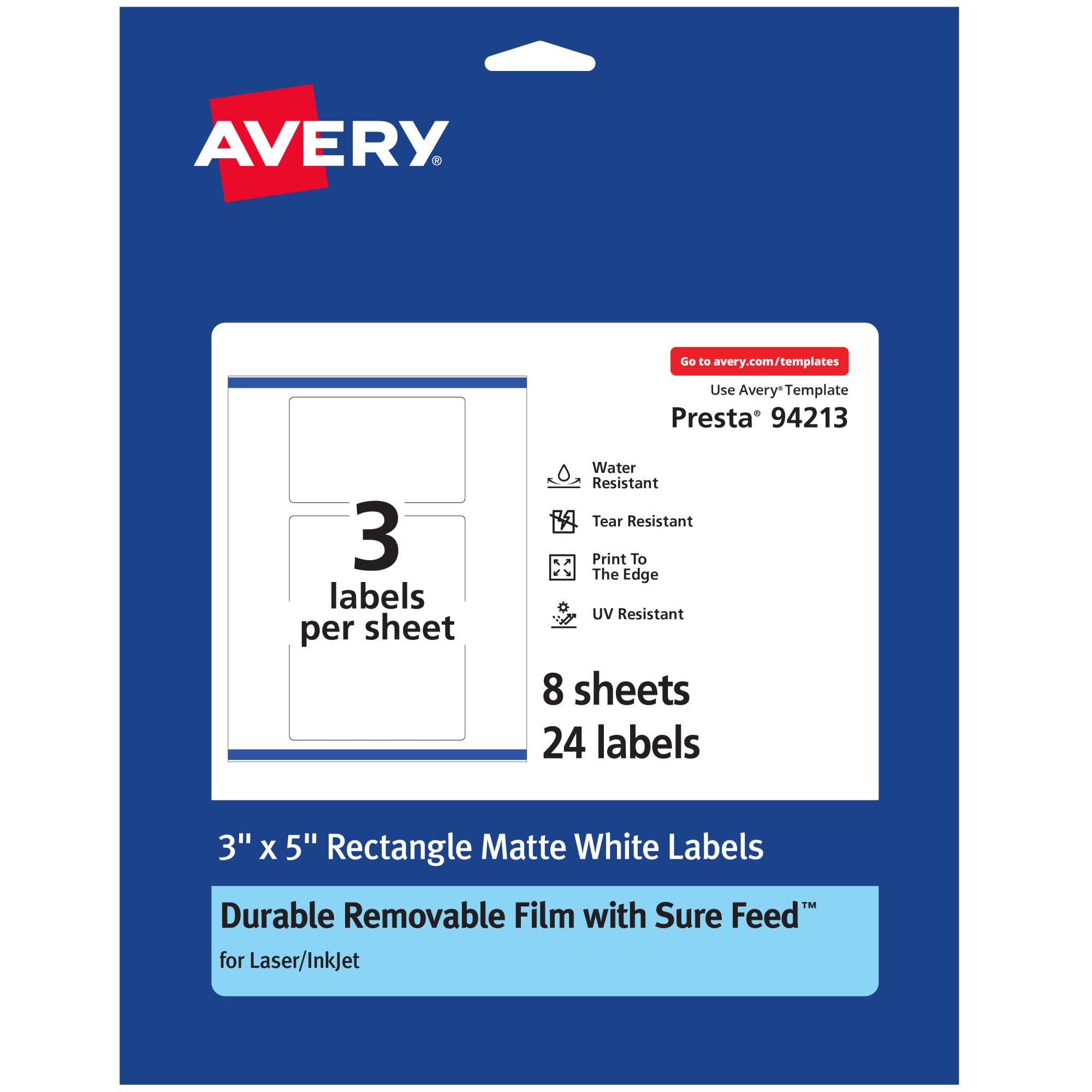 Avery Durable Removable Rectangle Labels, Sure Feed Technology, 3" x 5", Matte White Film, Water-Resistant, Print-to-the-Edge