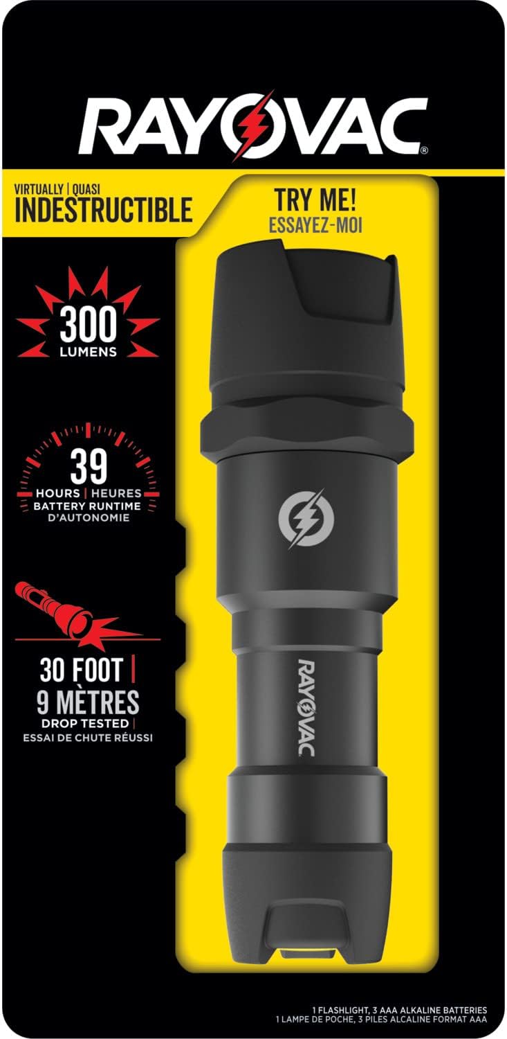Rayovac - DIY3AAA-BE Virtually Indestructible LED Flashlight, 300 Lumen Waterproof Tactical Flashlight