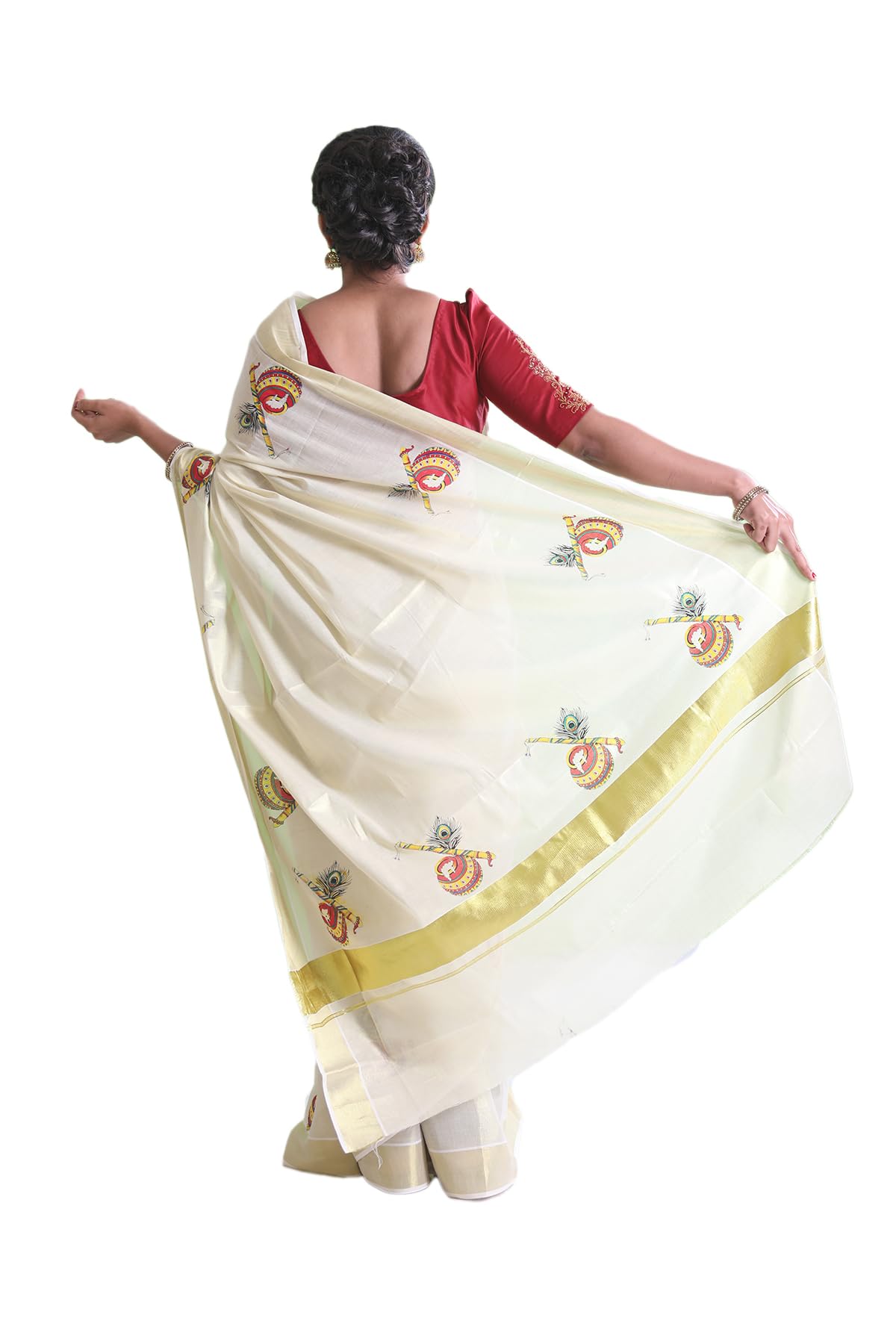 Kuthampully Kerala Kasavu Saree Tissue Mural Painted | Traditional South Indian Saree | Onam Saree | Kerala Saree - Multi Color EKM-774