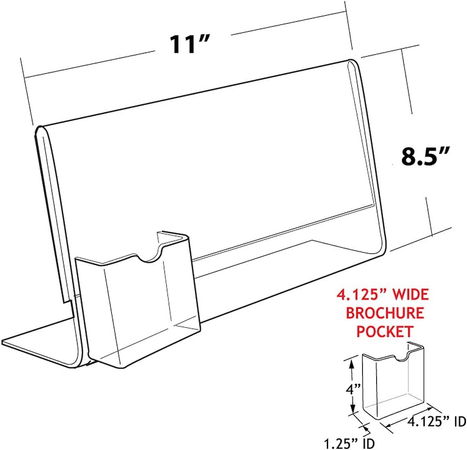 Azar Displays L-Shape Sign Holder with Attached Pockets, Clear Acrylic Countertop Display