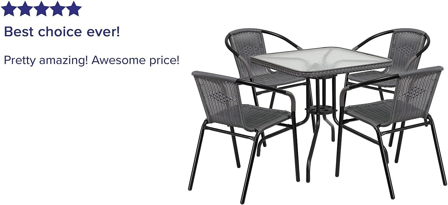 Flash Furniture 5-Piece 28in Square Indoor/Outdoor Patio Table and Chairs Set with Glass Metal Bistro Table and 4 Stackable