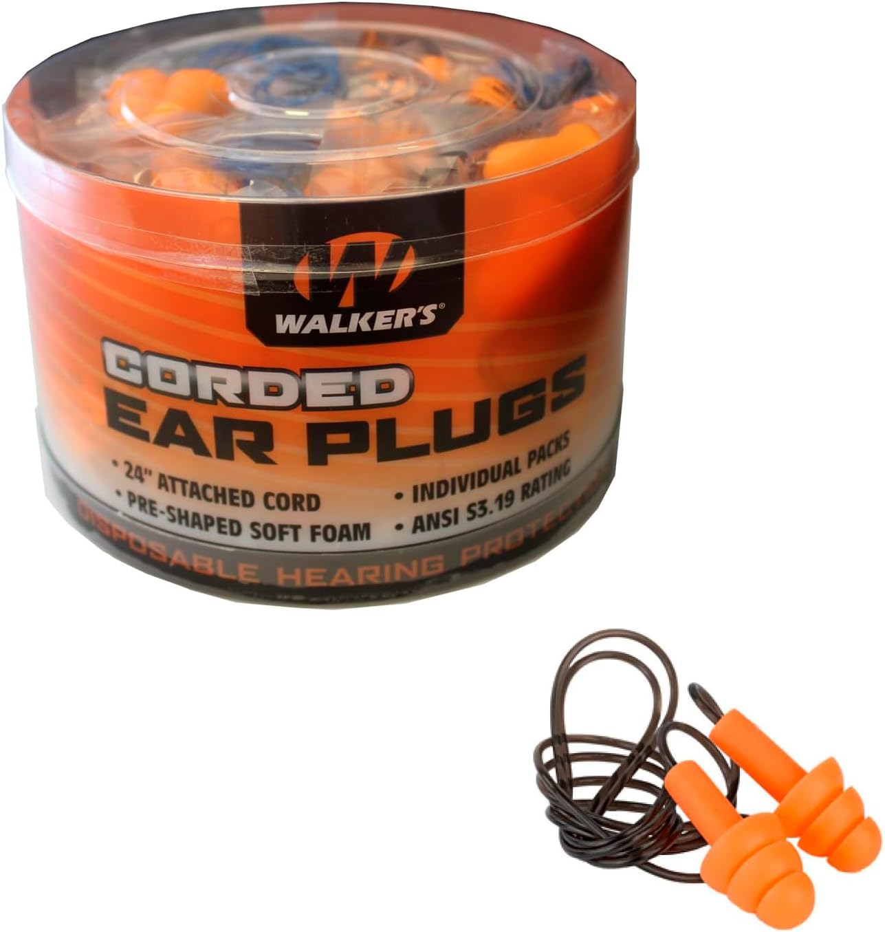 Walker's Corded Foam Earplugs 50 Pair Jar Dispenser Tub 32dB NRR Noise-Blocking ANSI S3.19 Hearing Protection Shooting