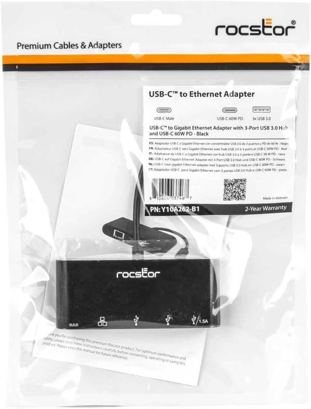 Rocstor USB-C to 3-Port USB-A, USB-C & RJ45 Multiport Adapter - USB 3.0 Hub
