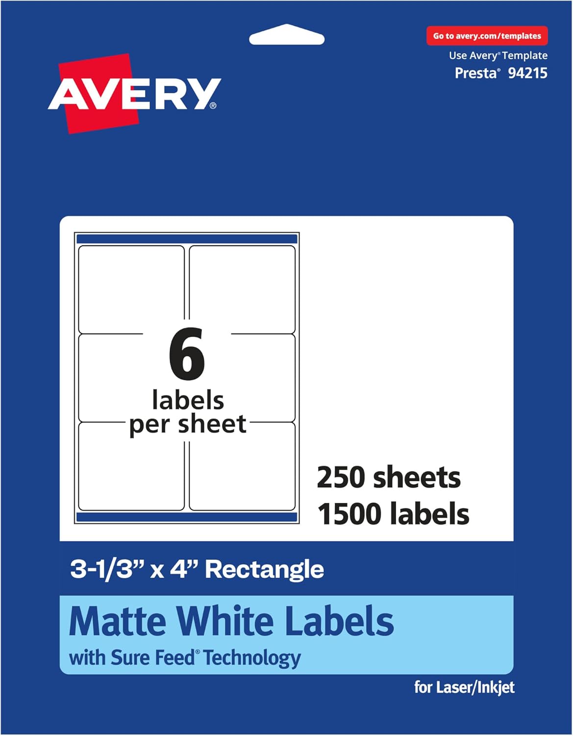 Avery Matte White Rectangle Labels, Sure Feed Technology, 3-1/3" x 4"