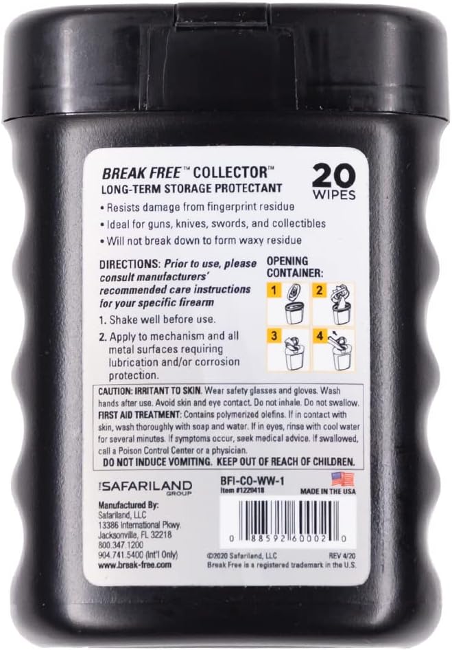 Break Free Collector Gun Cleaner Wipes, Long Term Protectant, Cloth Wipes, 20 Wipes