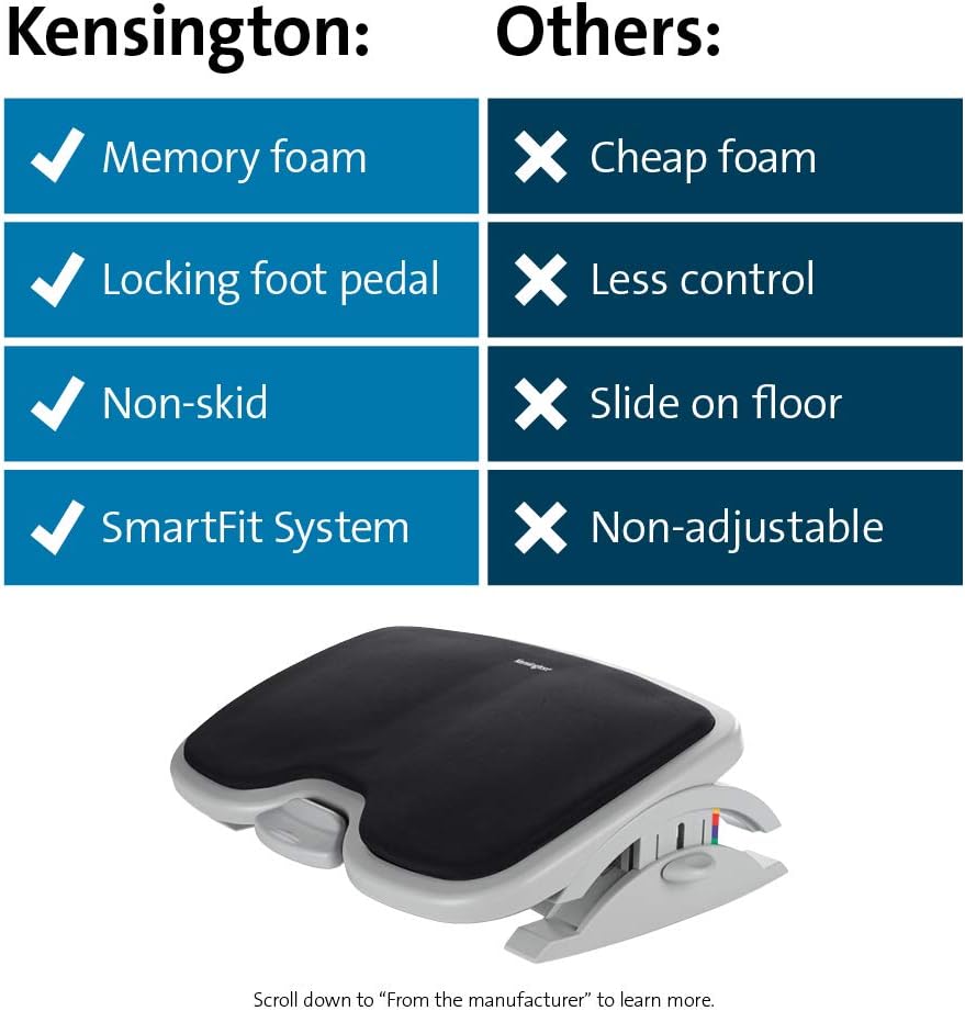 Kensington Foot Rest For Under Desk At Work, Smartfit Comfort Memory Foam Angle and Height Adjustable Footrest