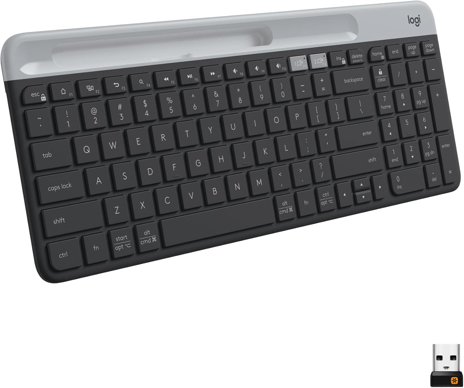 Logitech K585 Multi-Device Slim Wireless Keyboard, Built-in Cradle for Device; for Laptop, Tablet, Desktop, Smartphone