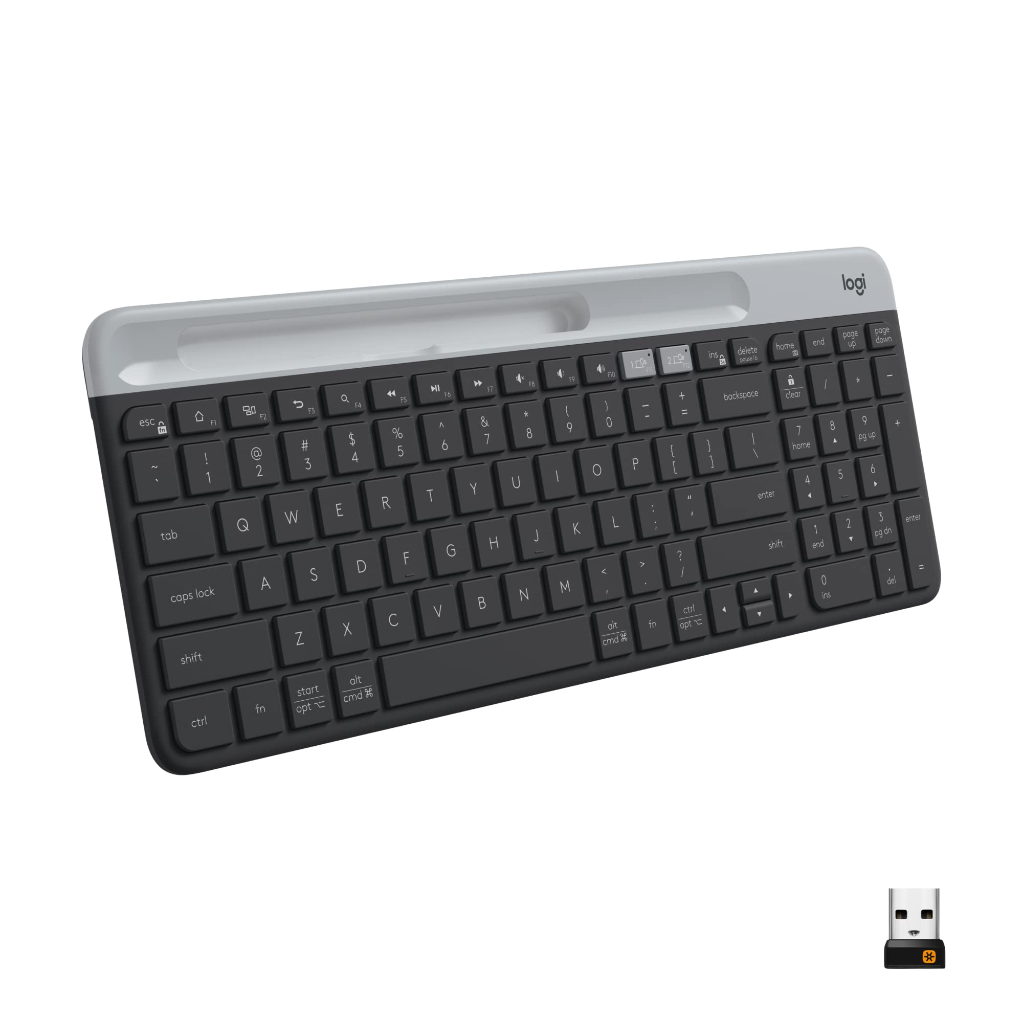 Logitech K585 Multi-Device Slim Wireless Keyboard, Built-in Cradle for Device; for Laptop, Tablet, Desktop, Smartphone
