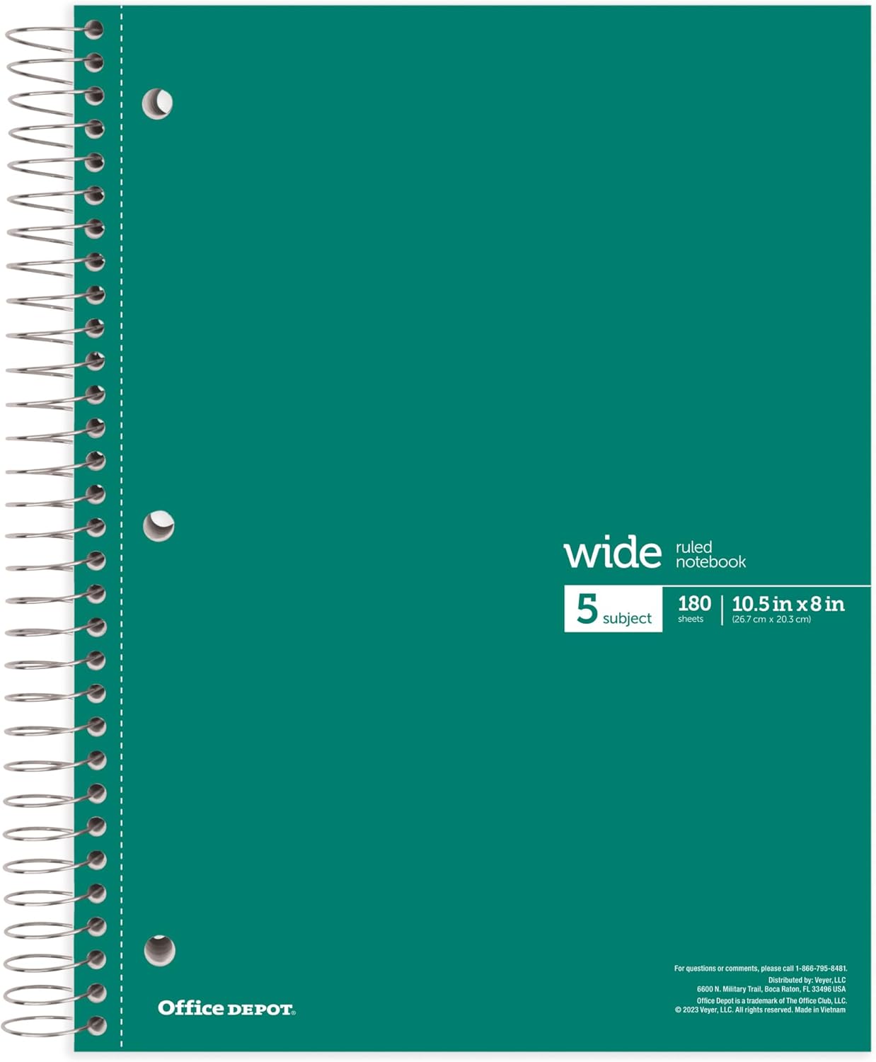 Office Depot® Wirebound Notebooks, 8" x 10-1/2", 5 Subjects, Wide Ruled, 180 Sheets, Assorted Colors, Pack Of 6 Notebooks
