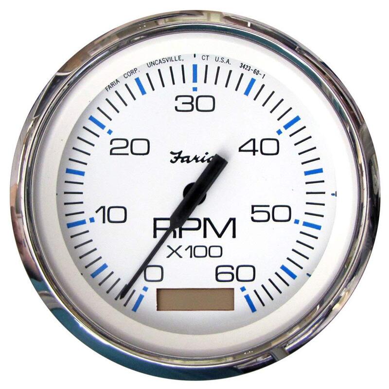 Faria Beede 33832 Chesapeake Stainless Steel Tachometer with Hourmeter (6000 RPM) Gas - 4" , White