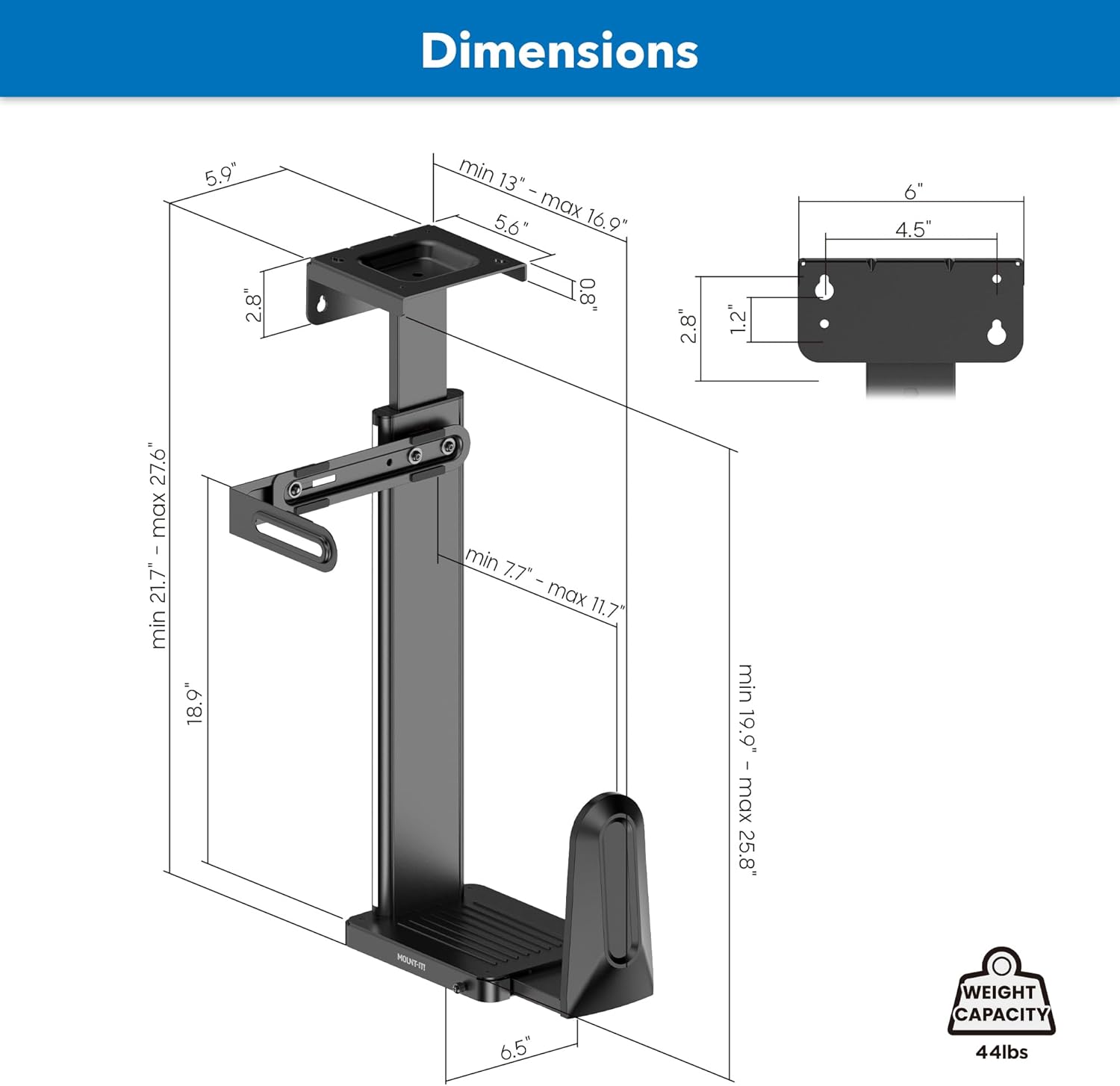 Mount-It! CPU Under Desk Mount Bracket, Height Adjustable Heavy Duty Computer Tower Wall Mount, 44 lbs Weight Capacity