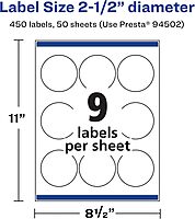 Avery Matte White Round Labels, Sure Feed Technology, 2.5" Diameter, 450 Matte White Printable Labels 450 Labels