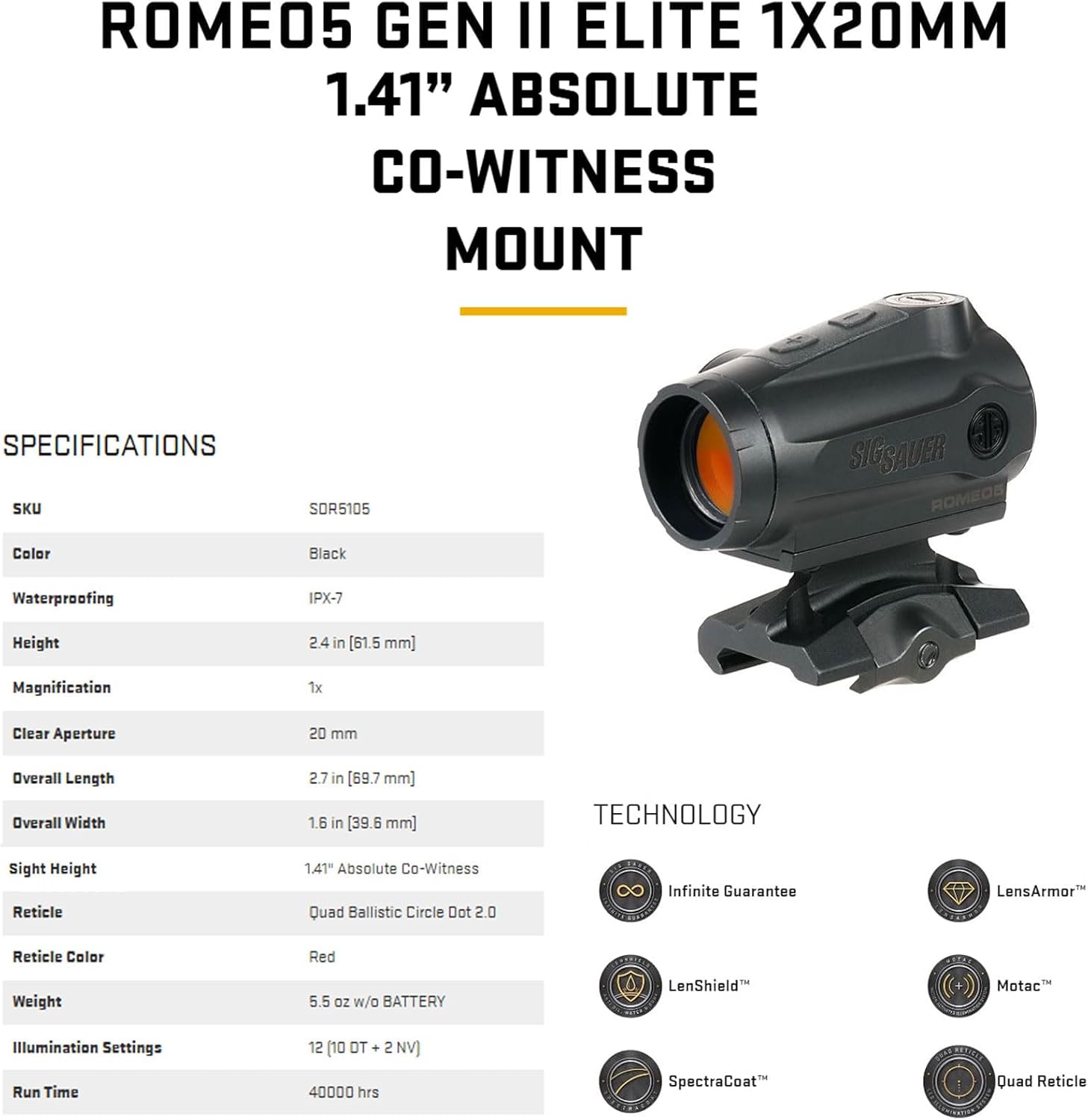 SIG SAUER ROMEO5 GEN II Elite 1x20mm Red Dot Sight with Quad Ballistic Circle Dot Reticle | MOTAC, IPX-7 Waterproof
