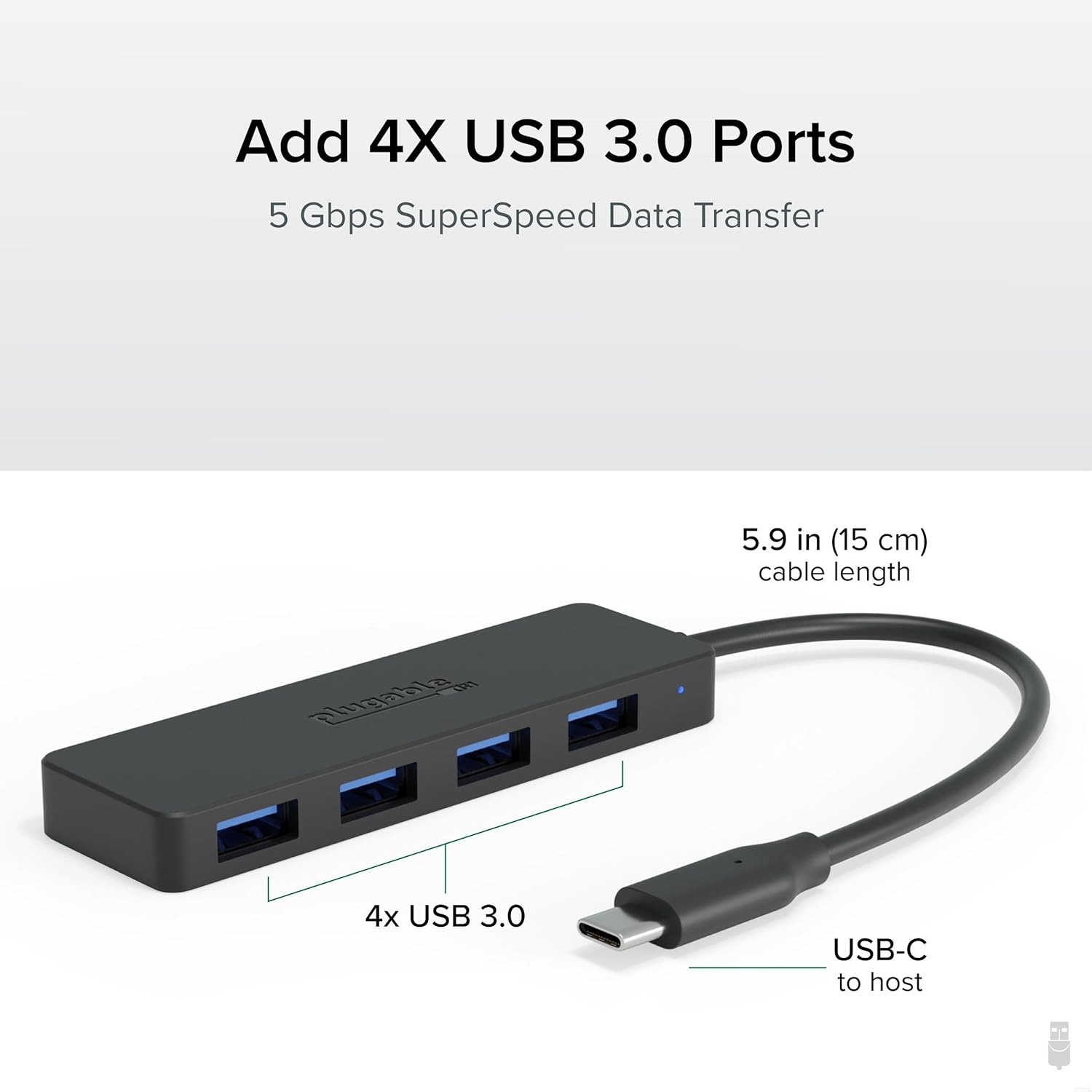 Plugable USB C to USB Adapter Hub, 4 Port USB 3.0 Hub, USB Splitter for Laptop, Compatible with Windows, MacBook Pro/Air