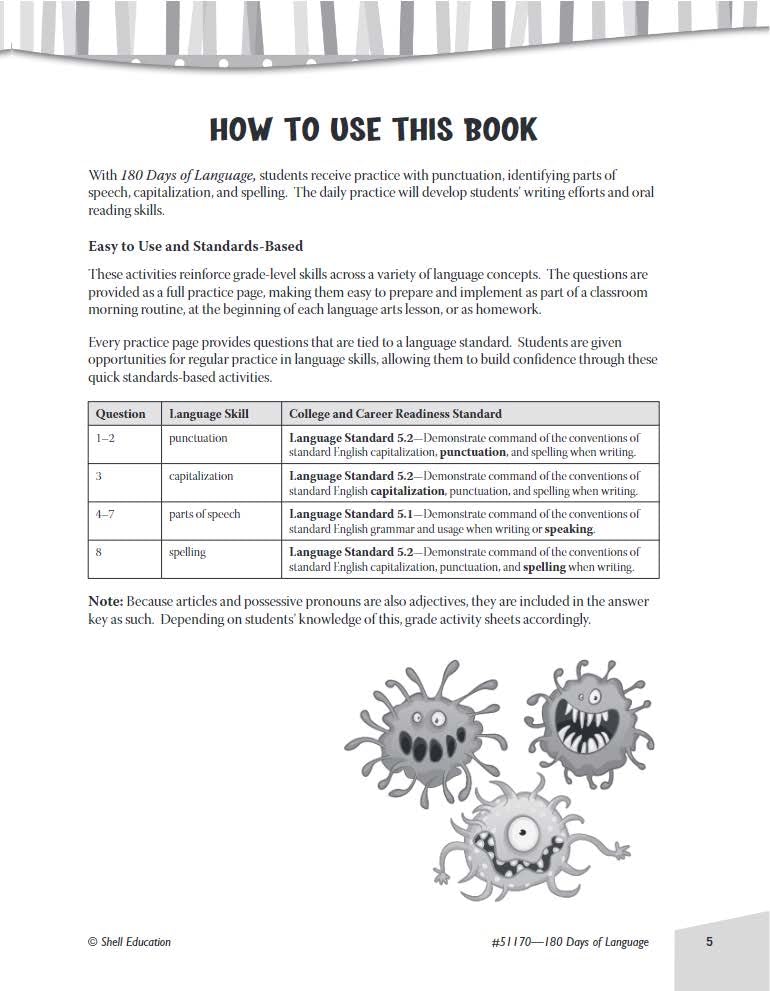 Shell Education 180 Days of Language for Fifth Grade (180 Days of Practice)