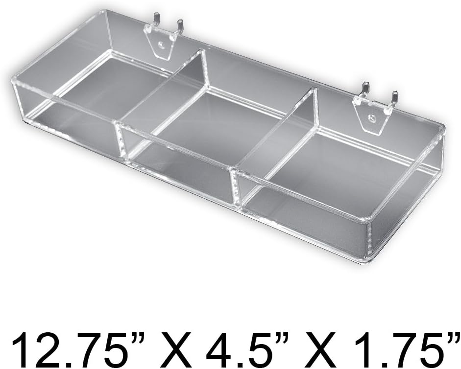 Azar Displays 3-Compartment Tray For Peg/Slat Displays, Small Size, Clear, Pack Of 2