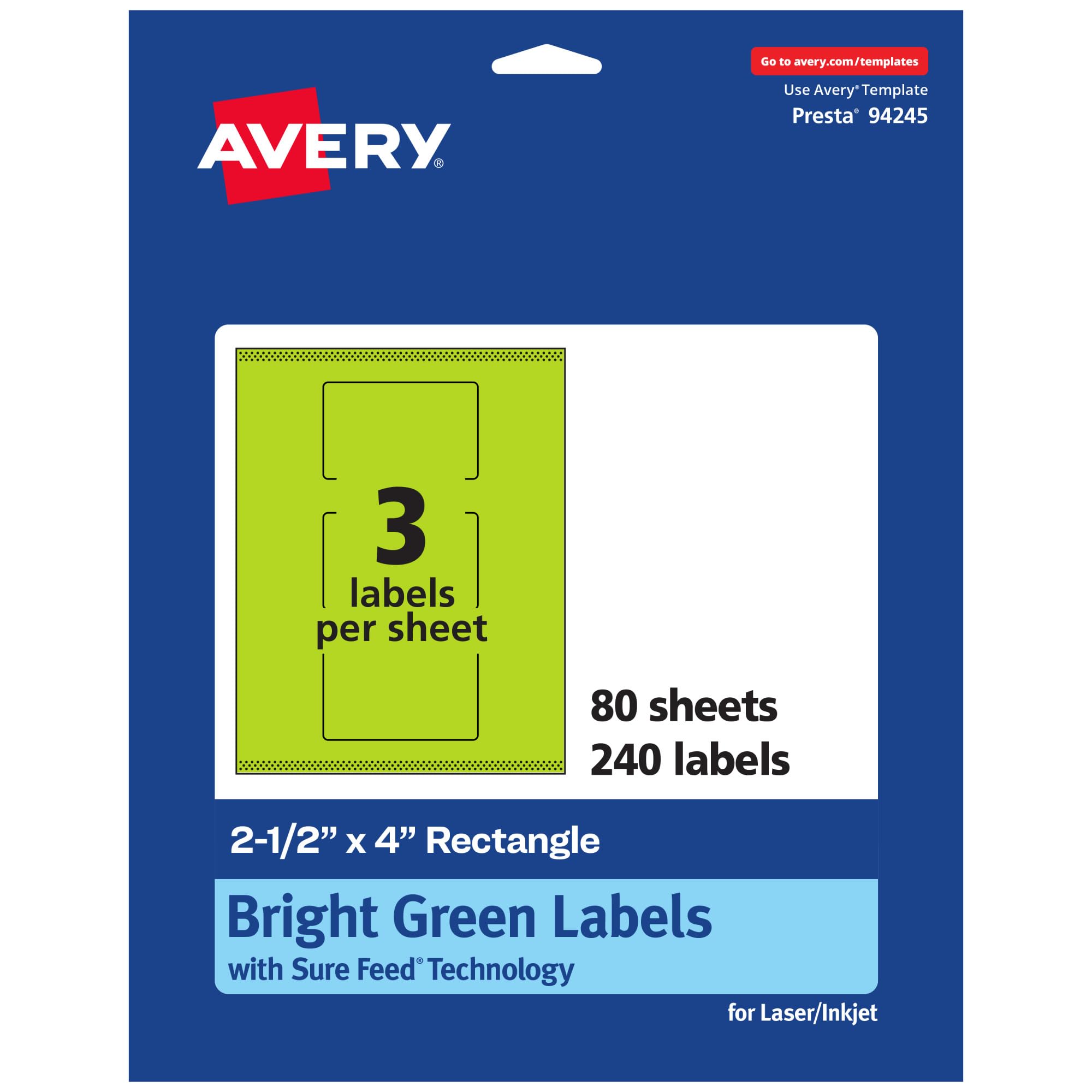 AVERY Printable Rectangle Labels, Sure Feed Technology, 2-1/2" x 4", Bright Green, Print-to-The-Edge, Laser/Inkjet Printable