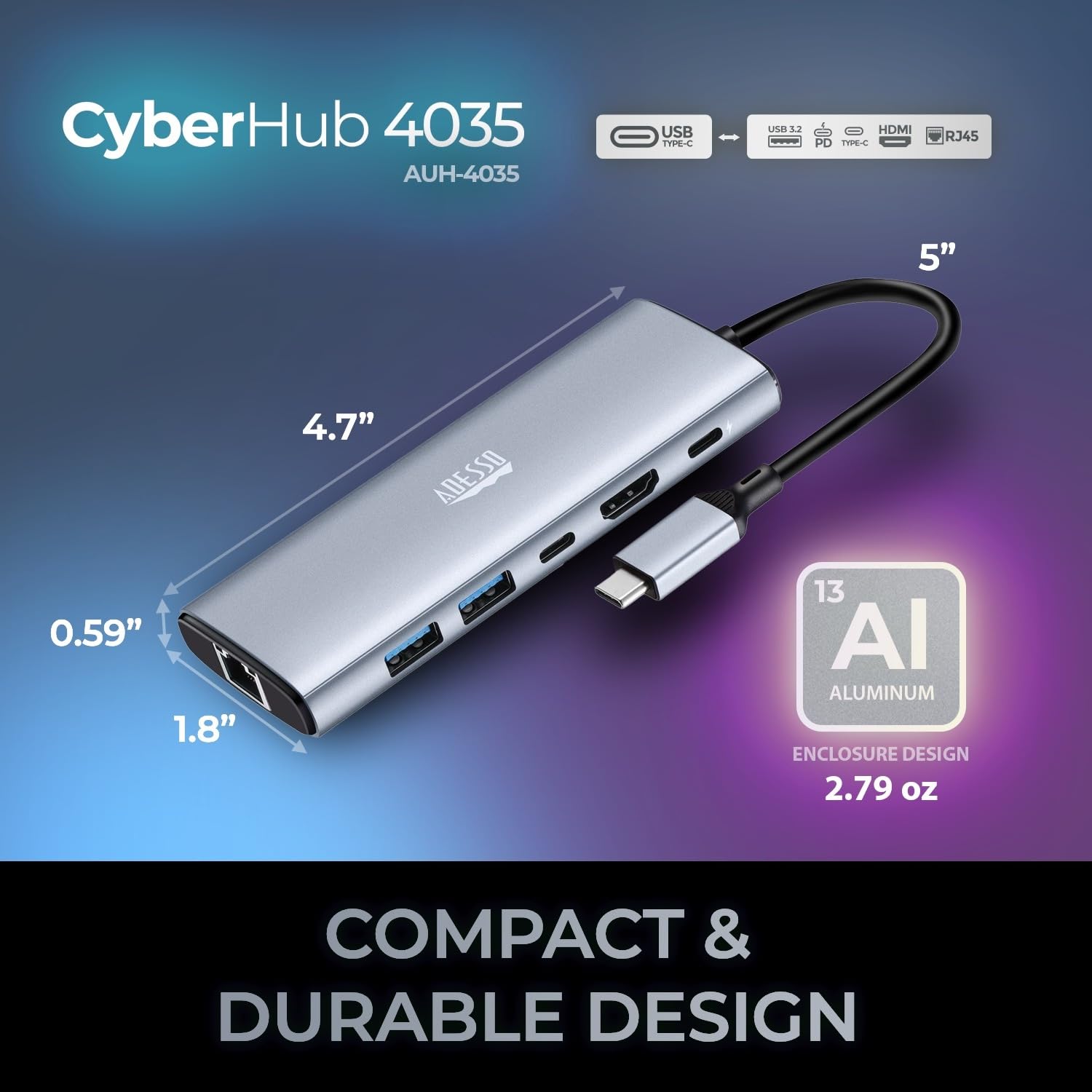 Adesso AUH-4035 7 in 1 Docking Station, Supports USB C to x1 4K HDMI, 3X USB-A 3.2, 1x PD, 1x Micro SD, 1x SD Card