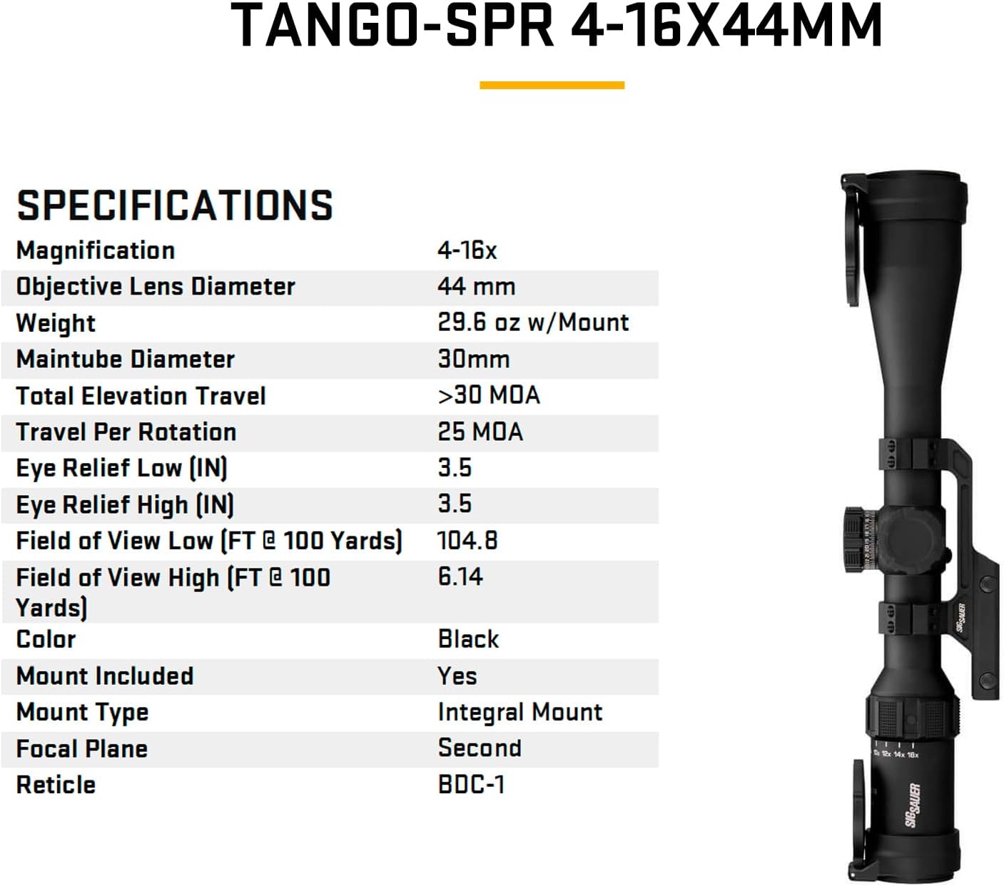 SIG SAUER Tango-SPR 4-16x44mm 30mm Tube Second Focal Plane/SFP/F2 Shockproof Waterproof Fogproof Tactical Riflescope | MOA