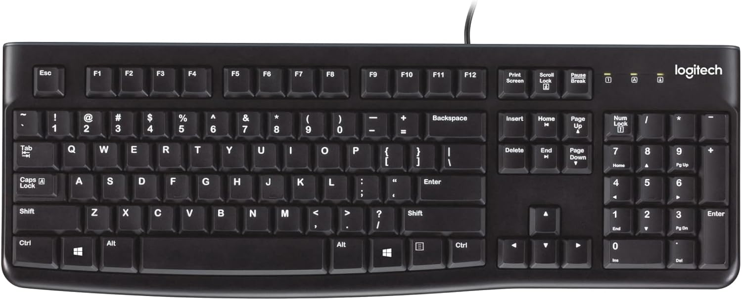 Logitech K120 Wired Keyboard for Windows, Plug and Play, Full-Size, Spill-Resistant, Curved Space Bar, Compatible with PC