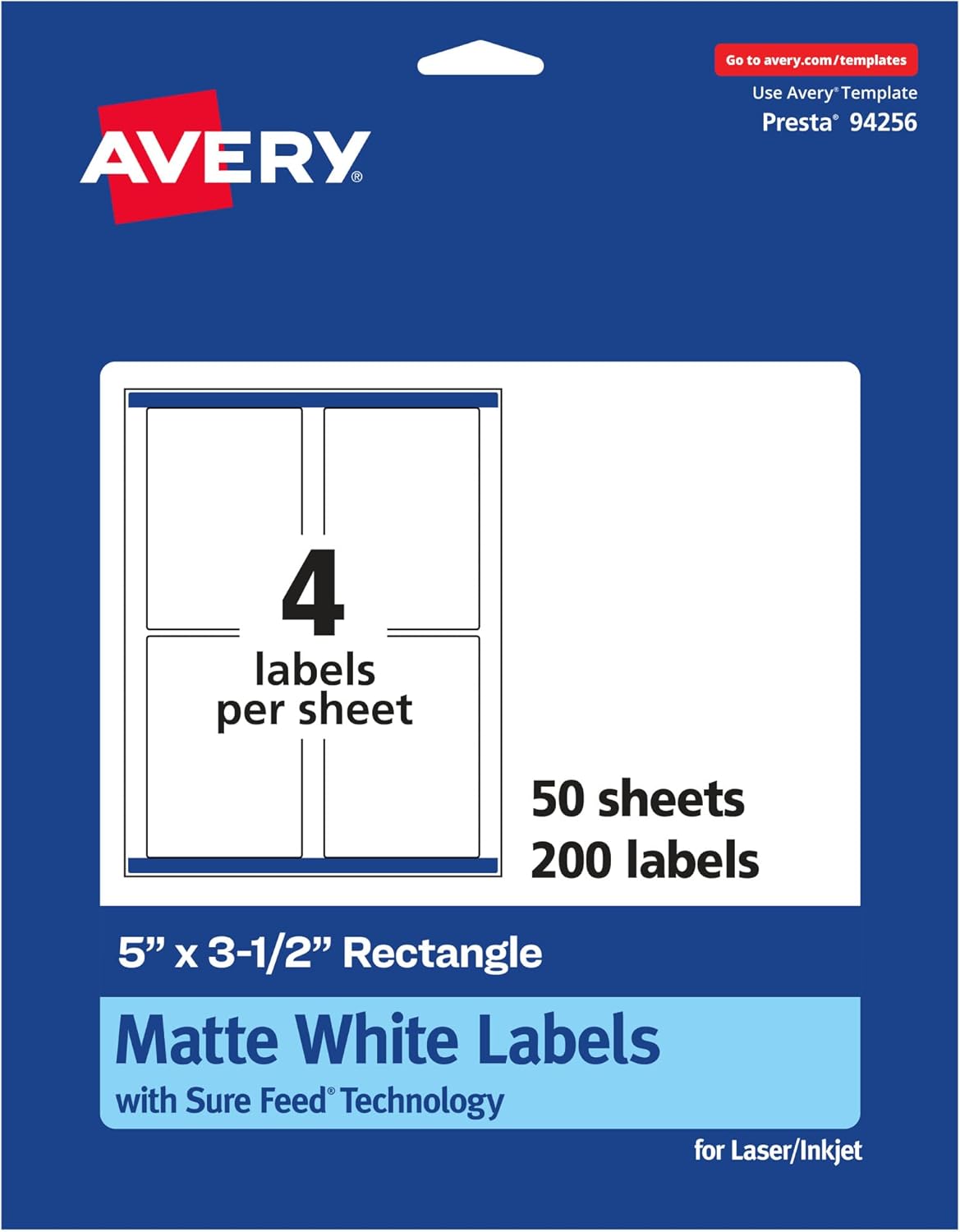 Avery Matte White Rectangle Labels, Sure Feed Technology, 5 x 3.5 in.