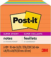 Post-it Super Sticky Lined Notes, 6 Sticky Note Pads, 4 x 4 in., School Supplies for Students, Ideal for Textbooks