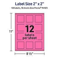 Avery Printable Square Labels, Sure Feed Technology, 2" x 2", Bright Pink - 120