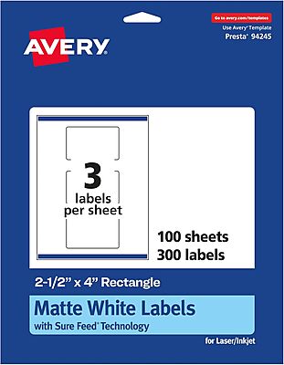 Avery Matte White Rectangle Labels, Sure Feed Technology, 2.5" x 4"