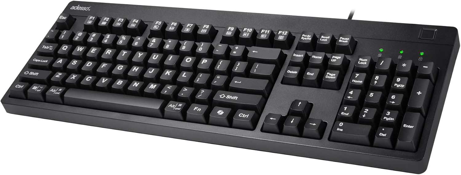 Adesso TAA Compliant Fingerprint Keyboard with AES 256 Encryption USB Wired Full Size 104 Key Layout Windows Hello