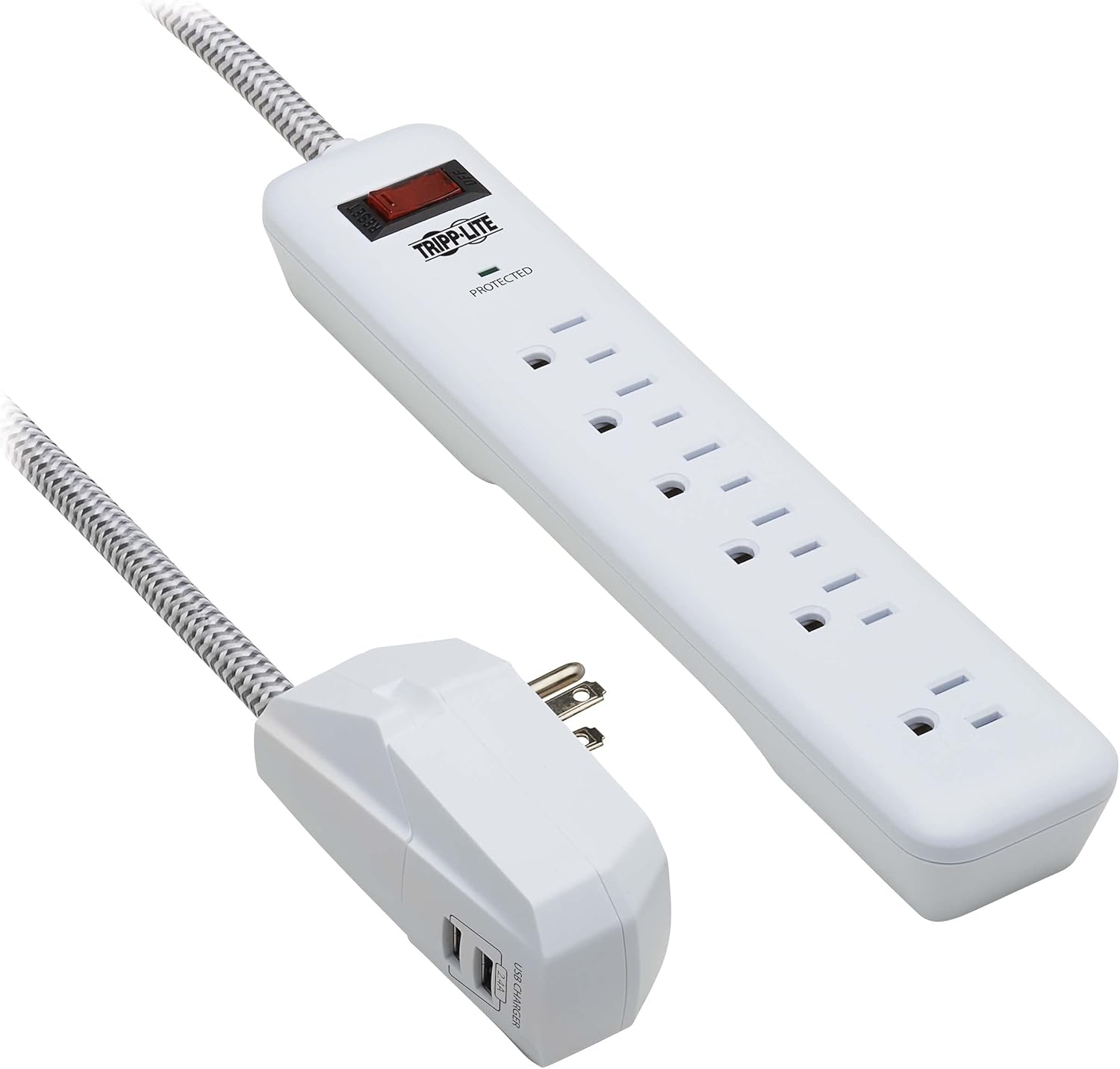 Tripp Lite Surge Protector Power Strip 7-Outlet with 2 USB Ports 6ft Cord White (TLP616USB)