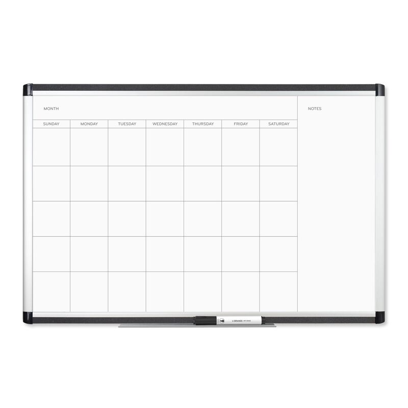 U Brands PINIT Magnetic Dry-Erase Monthly Calendar Board, Silver Aluminum Frame
