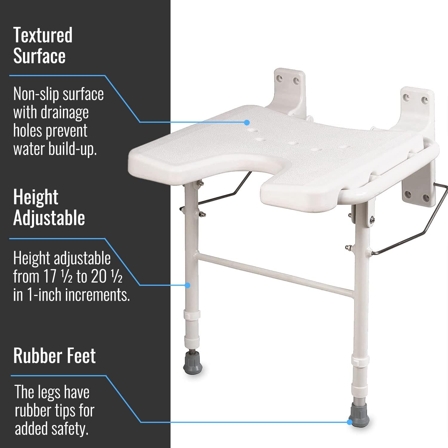 HealthSmart Wall Mount Fold Away Bath Chair Shower Seat Bench with Adjustable Legs, FSA and HSA Eligible