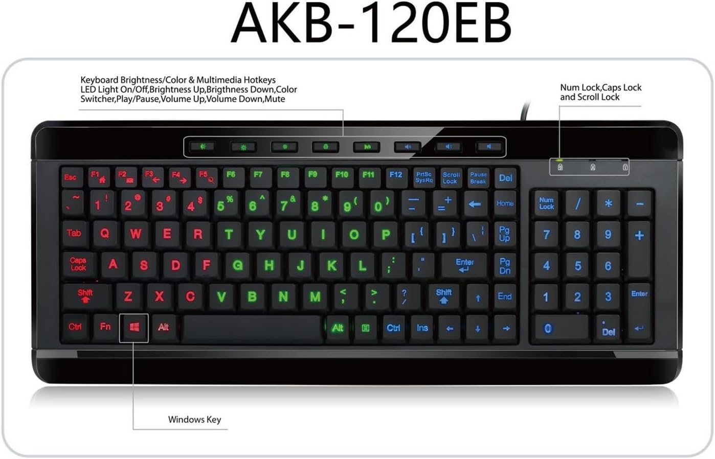 AKB-120EB 3-Color Illuminated Compact Multimedia Keyboard with Large Print Keys and Hotkeys