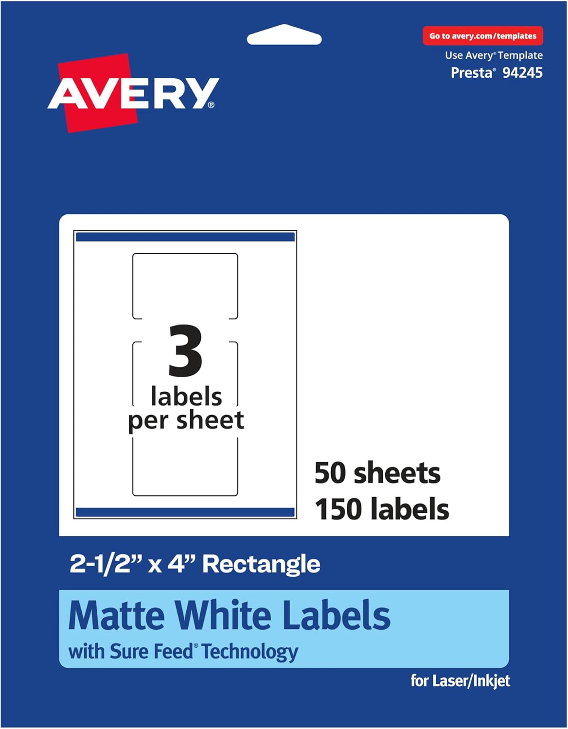 Avery Matte White Rectangle Labels, Sure Feed Technology, 2.5" x 4"