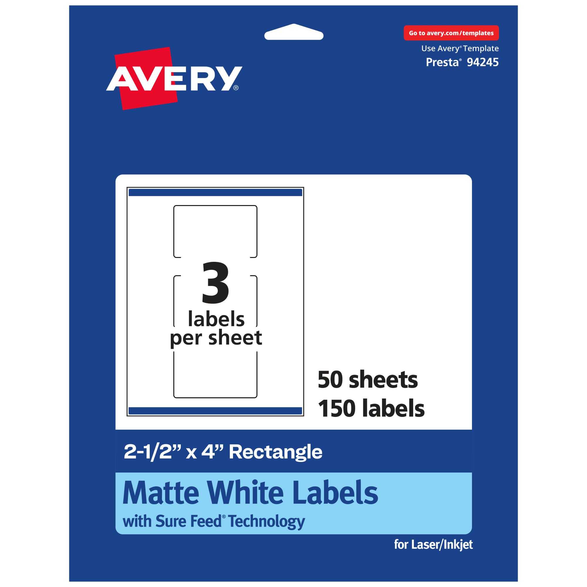 Avery Matte White Rectangle Labels, Sure Feed Technology, 2.5" x 4"