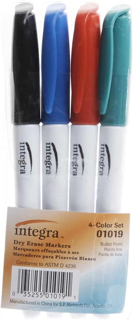 Integra Bullet Tip Dry-Erase Whiteboard Markers, Assorted Barrel, Assorted Ink, Pack Of 4 Markers