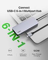 Belkin USB-C Hub - 6-in-1Multi-PortAdapter Dock with 4K HDMI, USB-C 100W PD Pass-Through Charging, 2X USB-A Ports