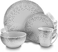 Gibson Platinum Dots 16-Piece Round Ceramic Dinnerware Set, White/Silver