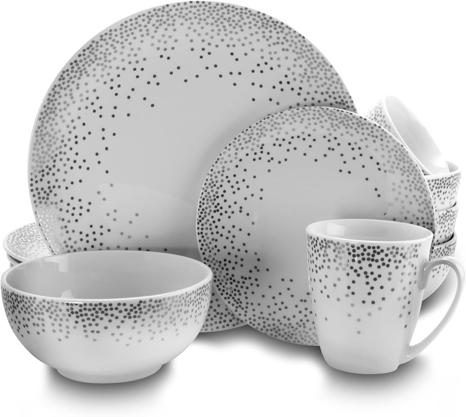 Gibson Platinum Dots 16-Piece Round Ceramic Dinnerware Set, White/Silver