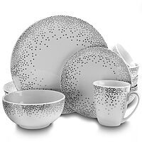 Gibson Platinum Dots 16-Piece Round Ceramic Dinnerware Set, White/Silver