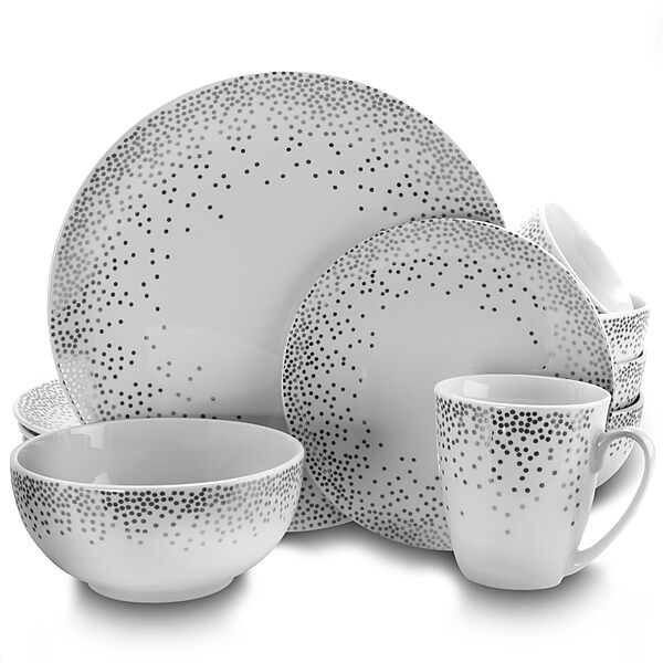 Gibson Platinum Dots 16-Piece Round Ceramic Dinnerware Set, White/Silver