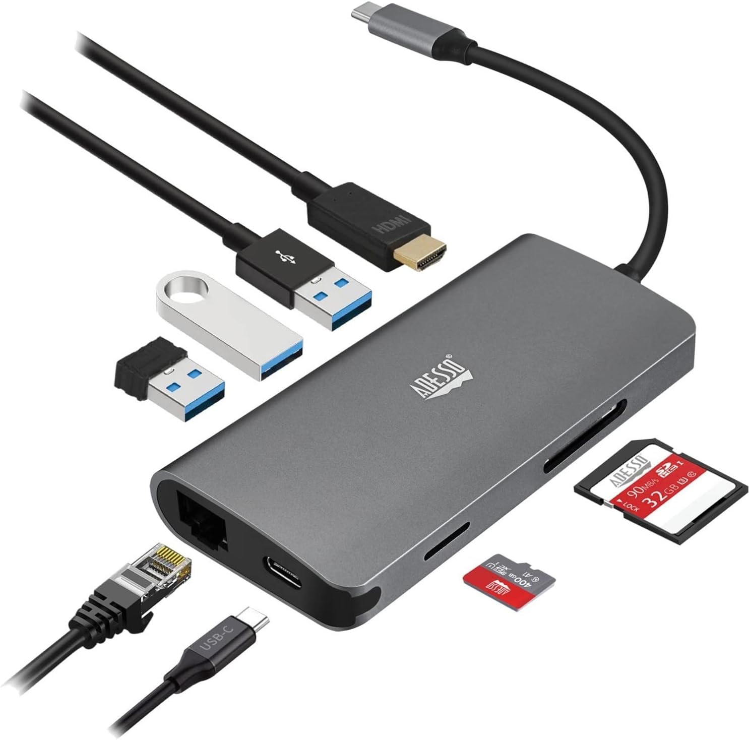 Adesso AUH-4030 8-in-1 USB-C Multiport Docking Station - HDMI 4K, RJ45, PD