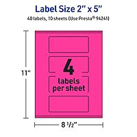 Avery Printable Rectangle Labels, Sure Feed Technology, 2" x 5", Neon Magenta Labels, Print-to-The-Edge
