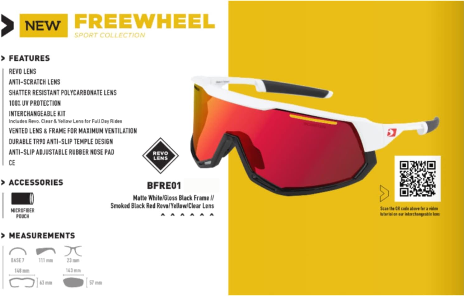 Bobster® Freewheel Cycling Sunglass, Matte White/Gloss Black Frame, Smoke Black Red Revo, Yellow & Clear Lens