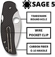 Spyderco Sage 5 Alzheimers Folding Knife - Black Carbon Fiber Laminate Handle, PlainEdge, Full-Flat Grind