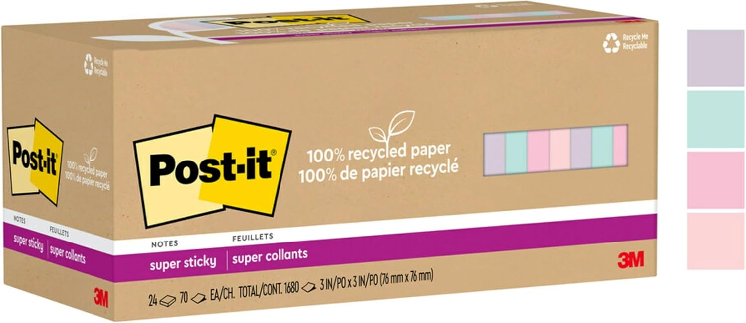Post-it 100% Recycled Paper Super Sticky Notes, 3 in. x 3 in., 24 Pads/Pack, 70 Sheets/Pad