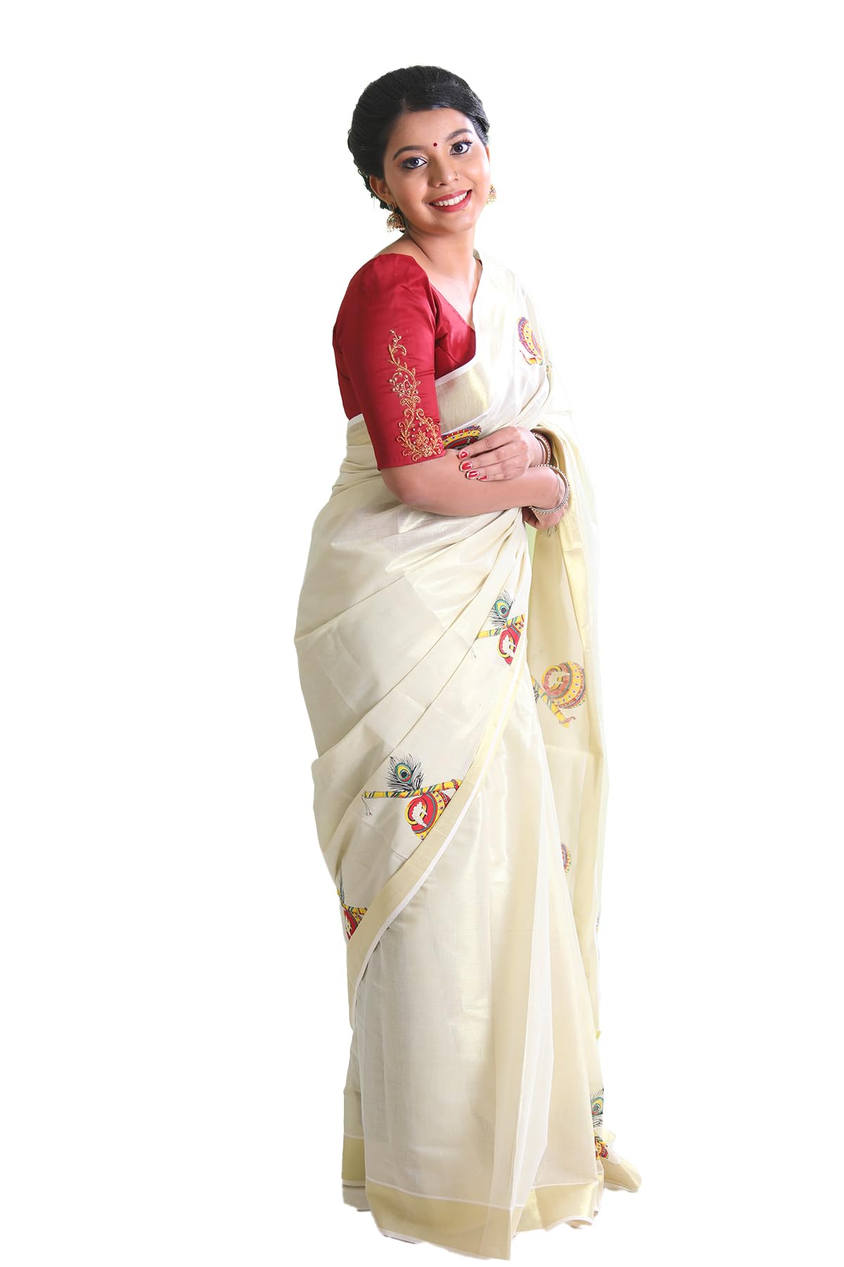 Kuthampully Kerala Kasavu Saree Tissue Mural Painted | Traditional South Indian Saree | Onam Saree | Kerala Saree - Multi Color EKM-774