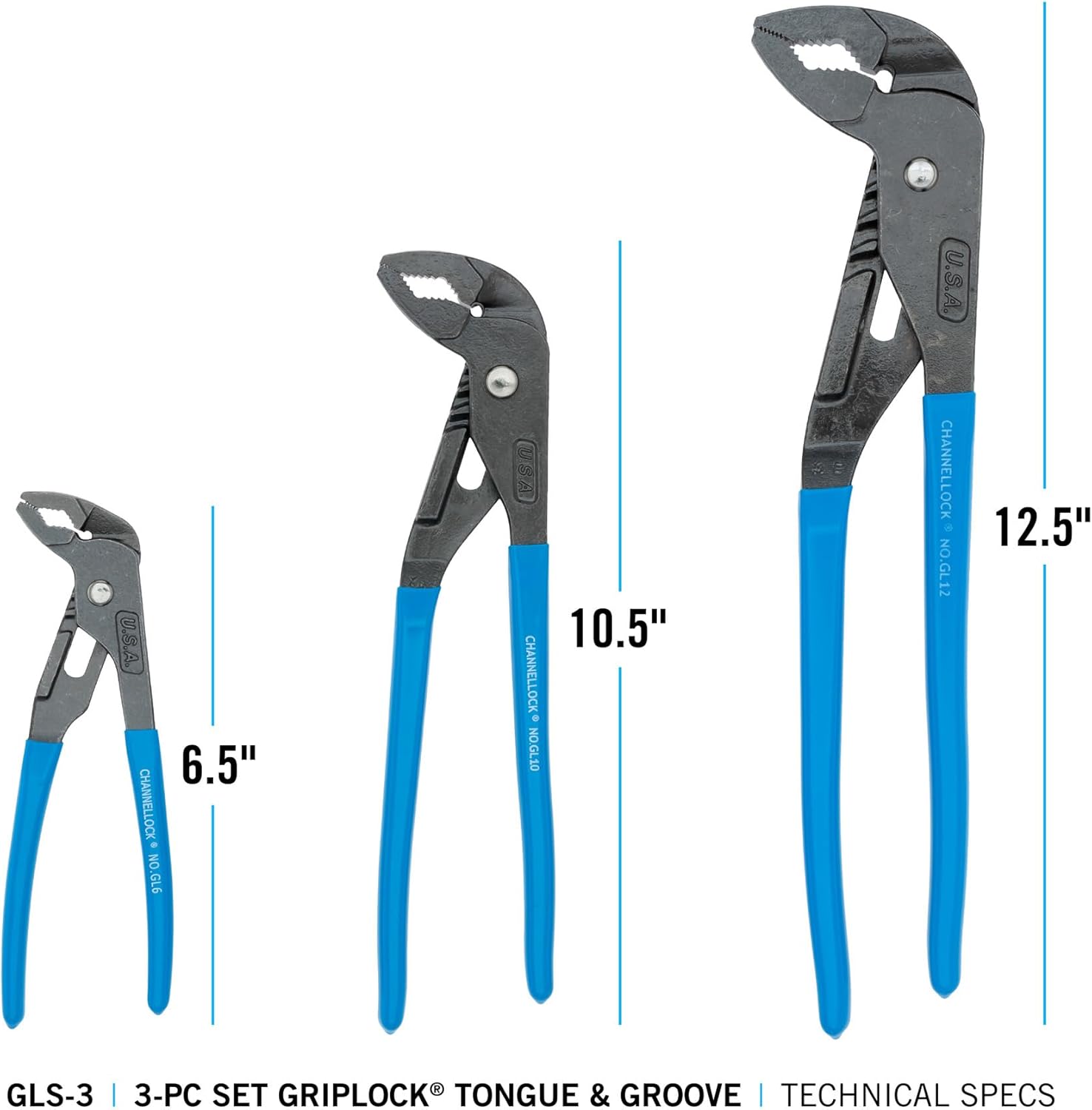 CHANNELLOCK GLS-3 3-Piece GRIPLOCK Tongue & Groove Pliers Set, 6.5", 9.5", 12.5" Water Pump Pliers